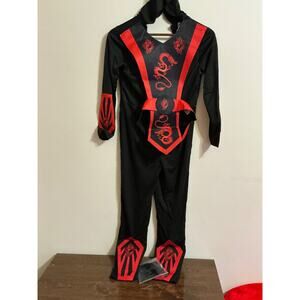 Ninja Kids Halloween Costume Size M (8-10) Black Red Suit & Bandanna NEW